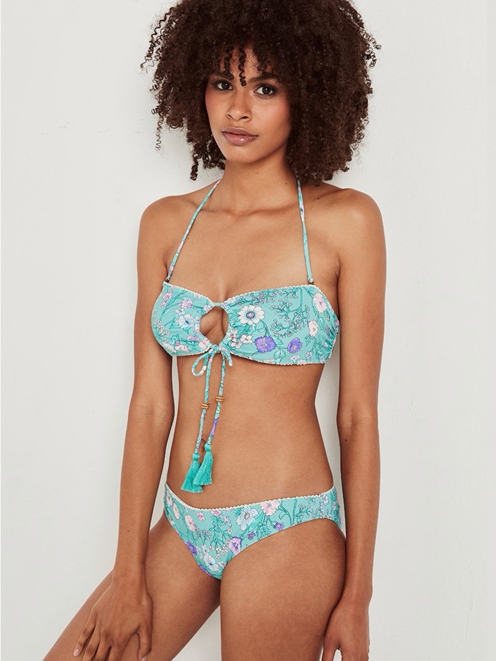 Floral Tie-Front Bandeau Bikini Set in Aqua